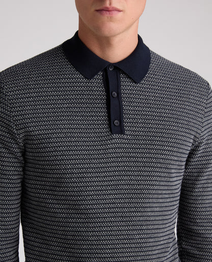 Navy Textured Long Sleeve Cotton Polo