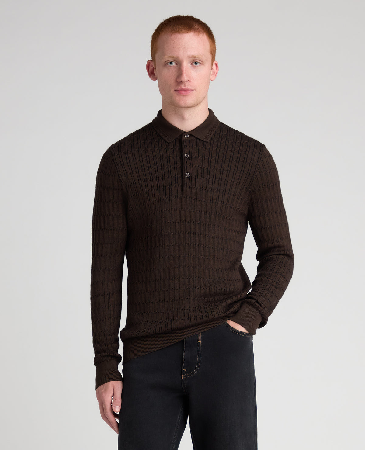 Dark Brown Cable Knit Wool Blend Polo