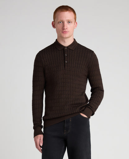 Dark Brown Cable Knit Wool Blend Polo