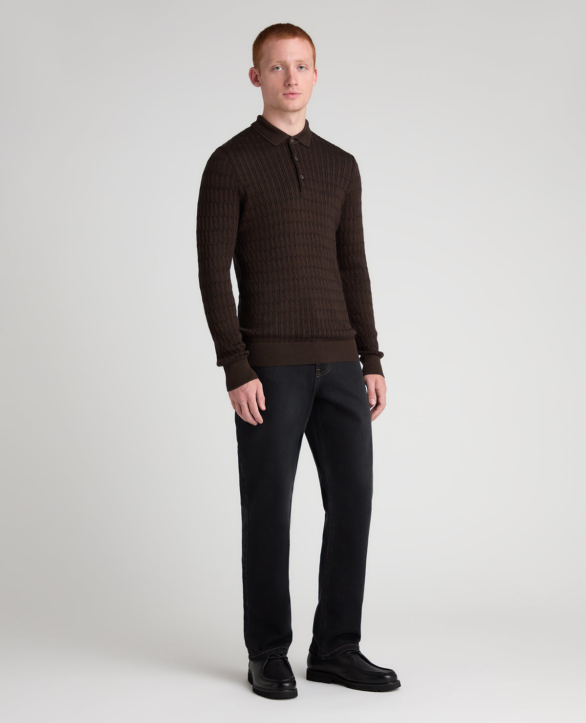 Dark Brown Cable Knit Wool Blend Polo
