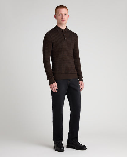 Dark Brown Cable Knit Wool Blend Polo