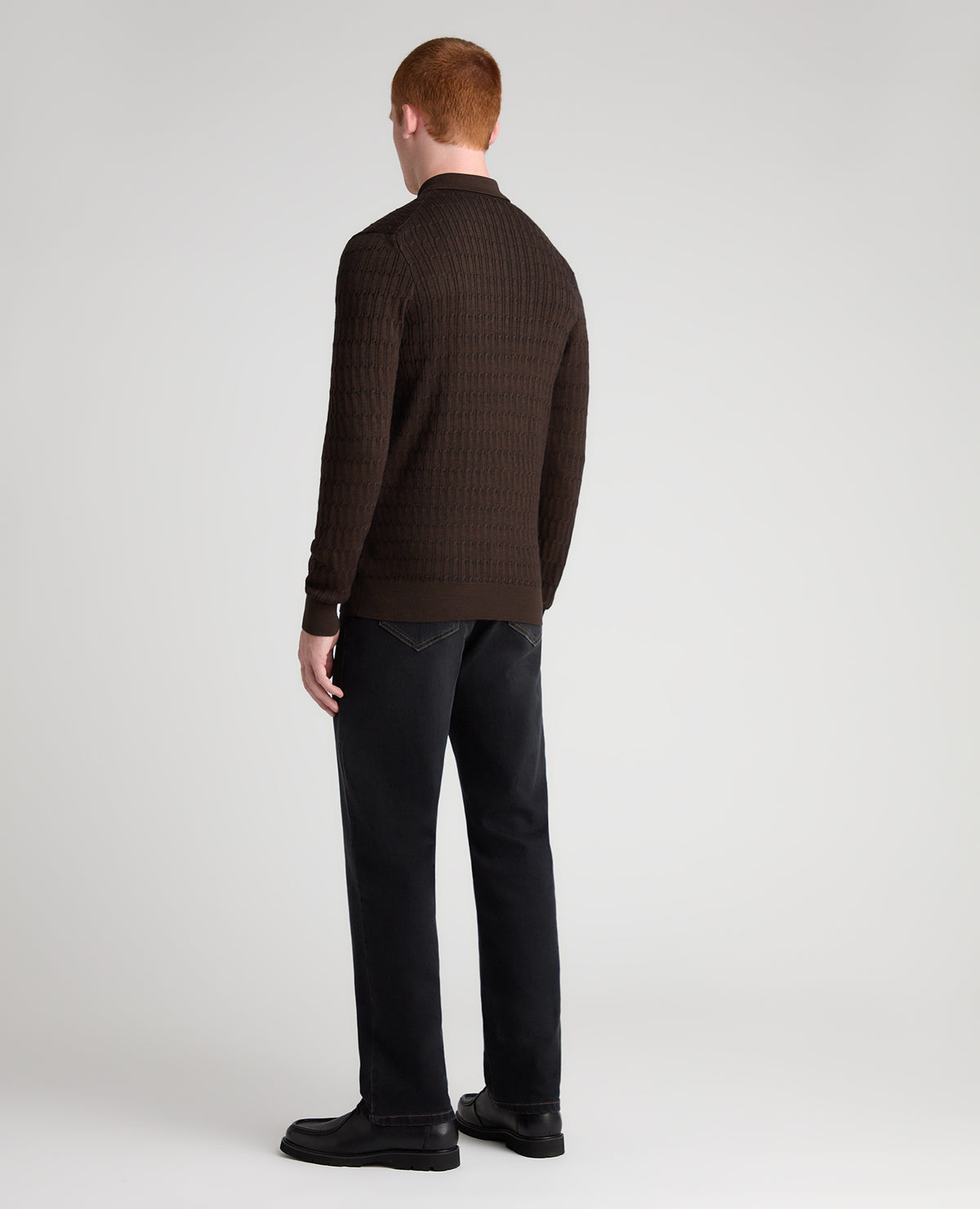 Dark Brown Cable Knit Wool Blend Polo