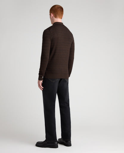 Dark Brown Cable Knit Wool Blend Polo