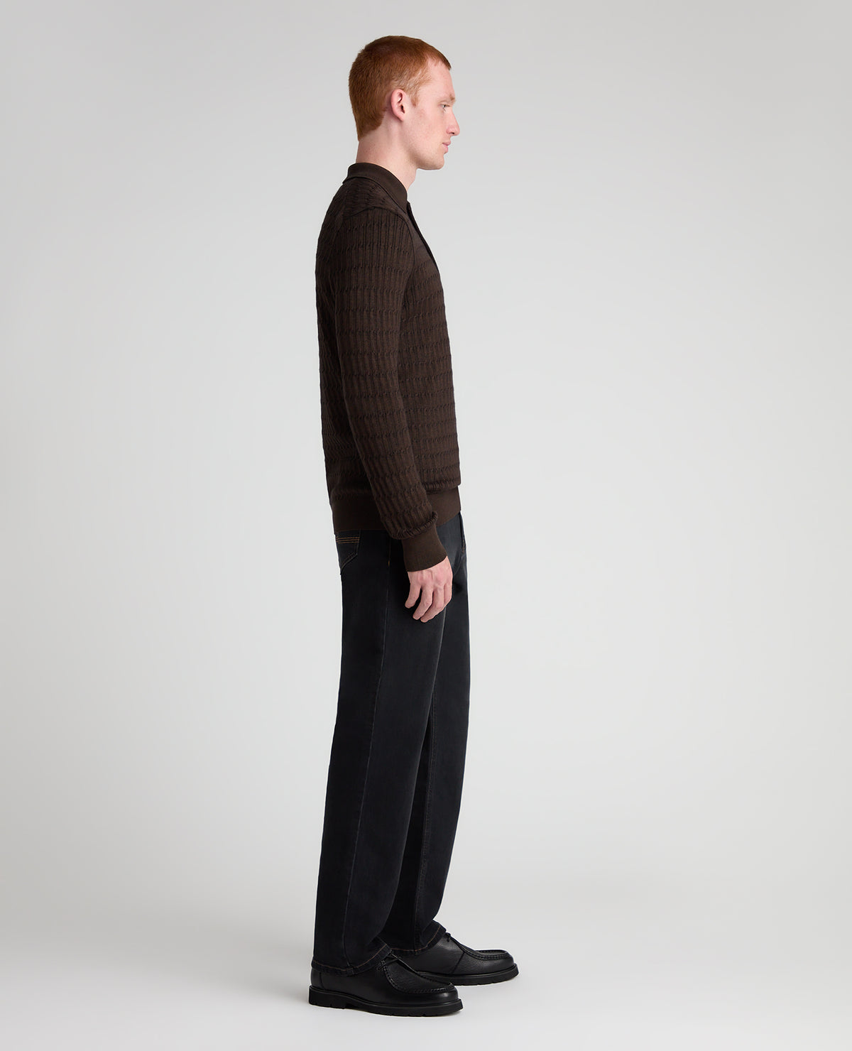 Dark Brown Cable Knit Wool Blend Polo