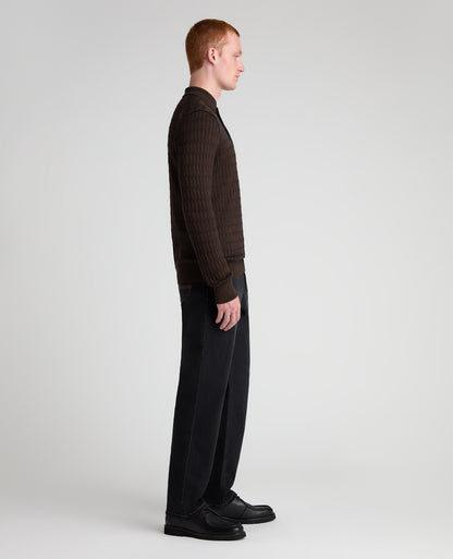 Dark Brown Cable Knit Wool Blend Polo