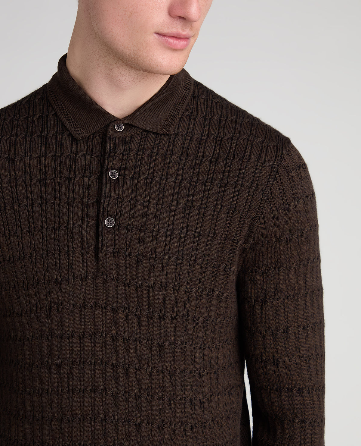 Dark Brown Cable Knit Wool Blend Polo