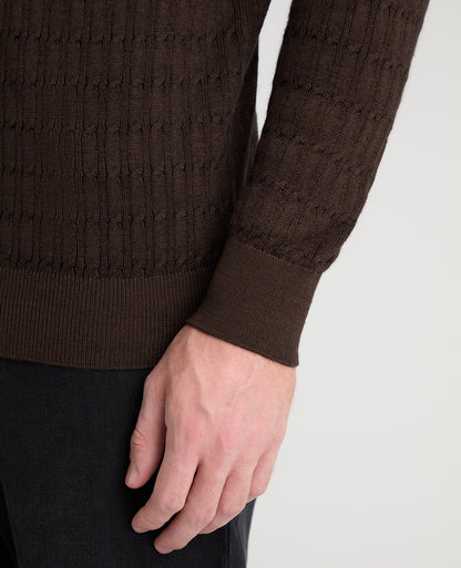 Dark Brown Cable Knit Wool Blend Polo
