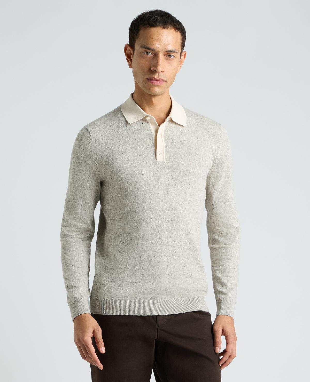 Stone Marl Long Sleeve Cotton Polo