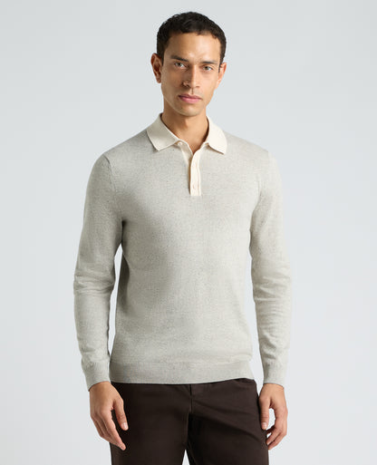 Stone Marl Long Sleeve Cotton Polo