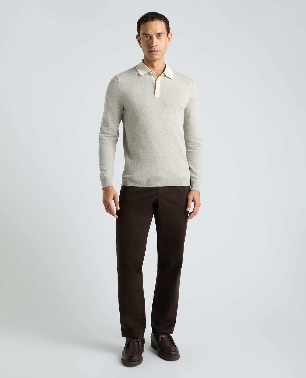 Stone Marl Long Sleeve Cotton Polo