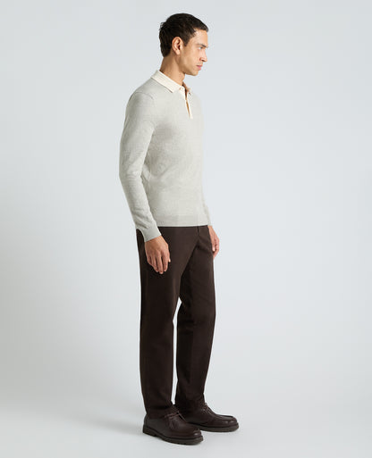 Stone Marl Long Sleeve Cotton Polo
