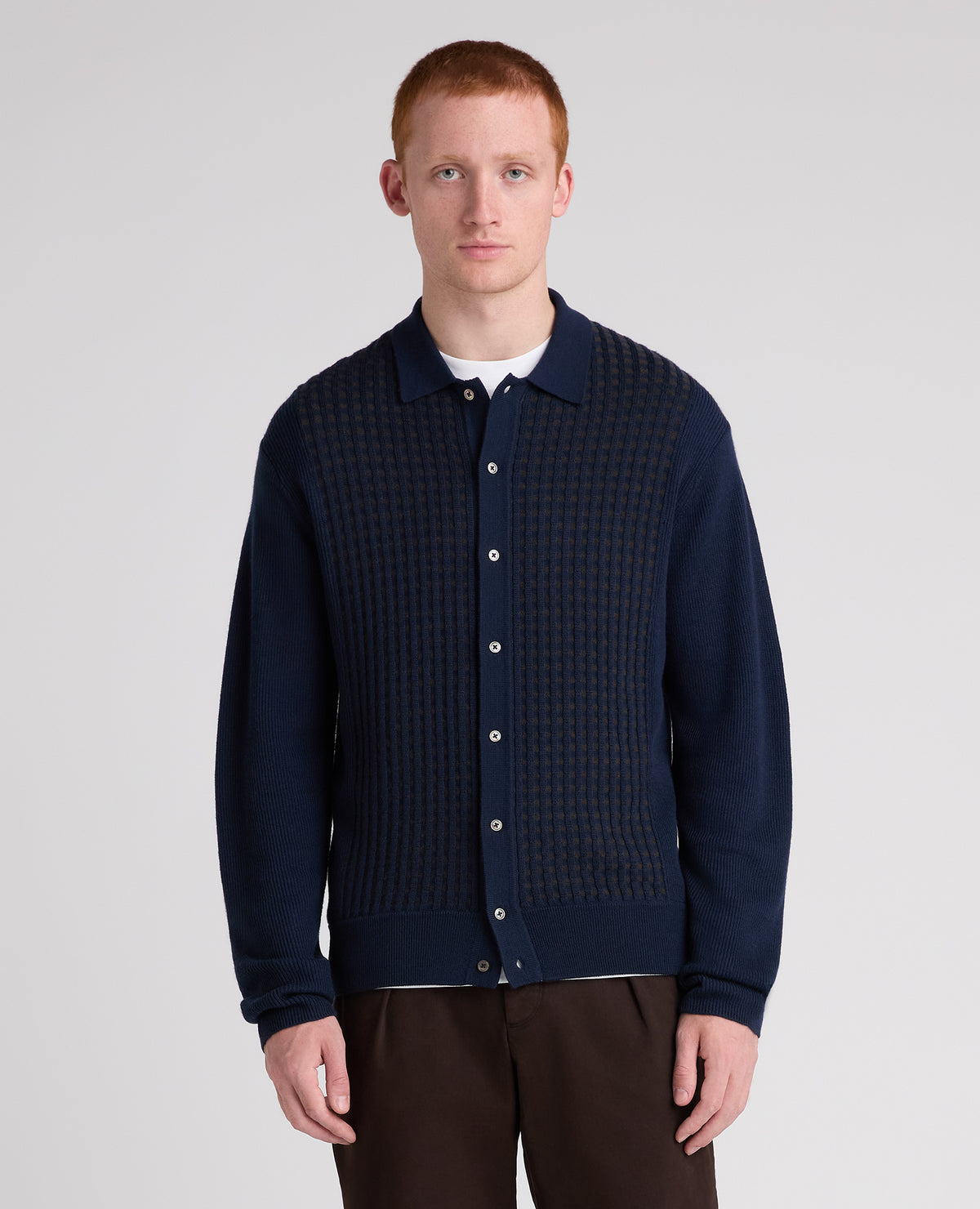 Navy Panelled Knit Wool Blend Cardigan