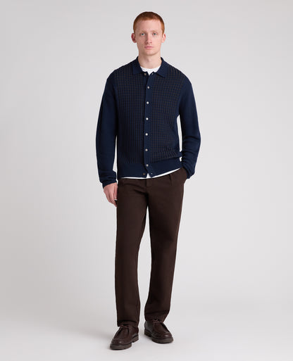 Navy Panelled Knit Wool Blend Cardigan