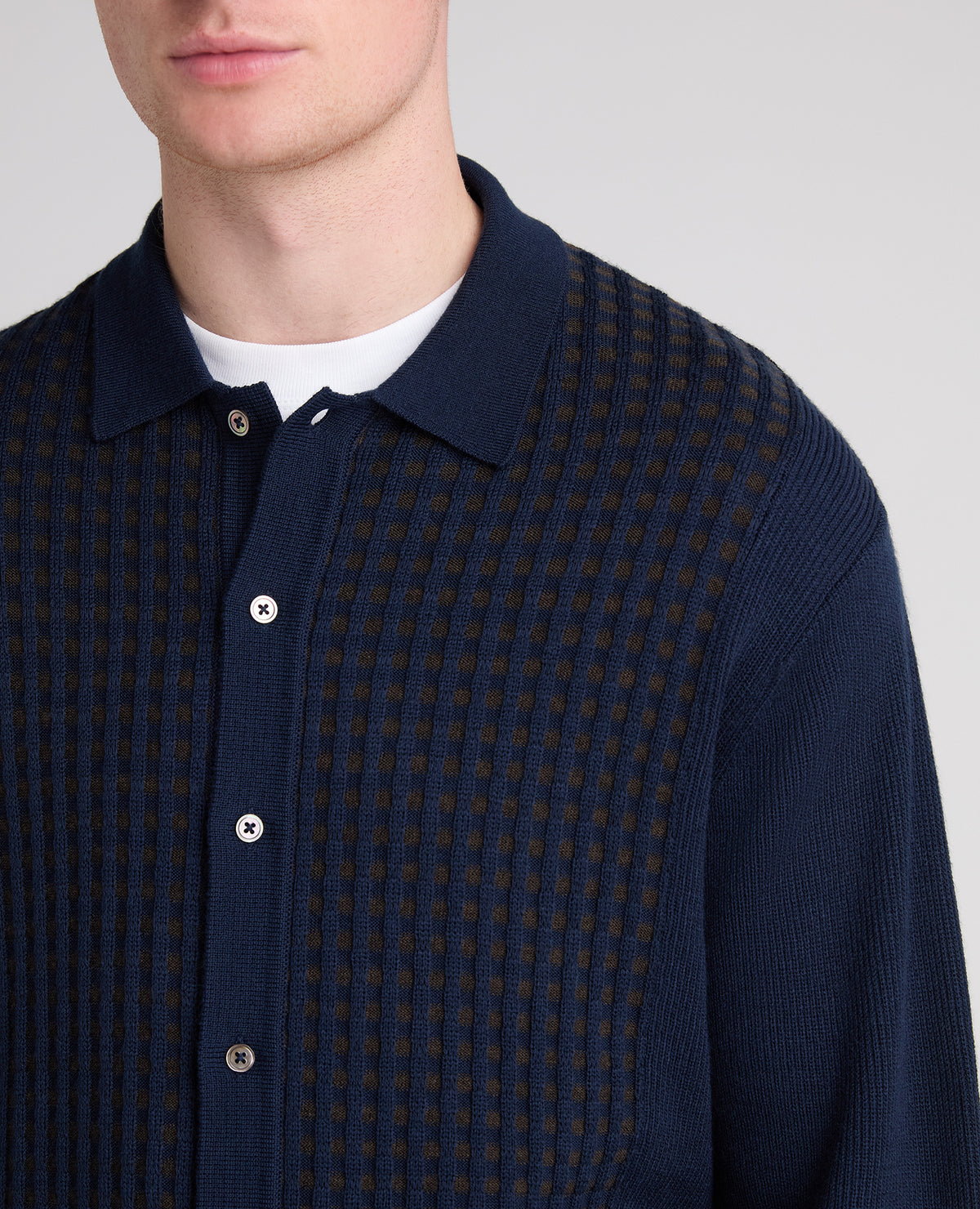 Navy Panelled Knit Wool Blend Cardigan