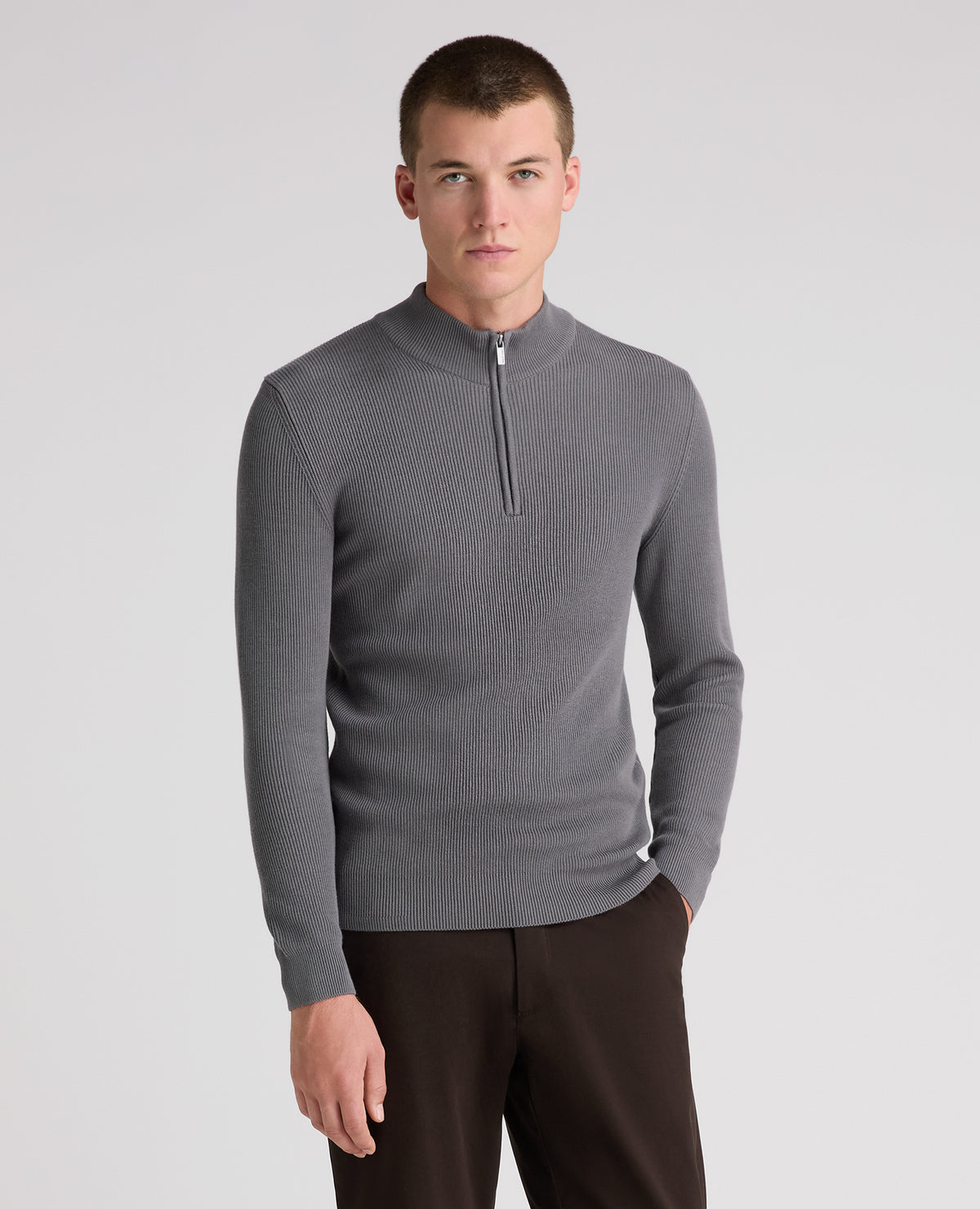 Grey Ribbed Cotton Half Zip Jumper