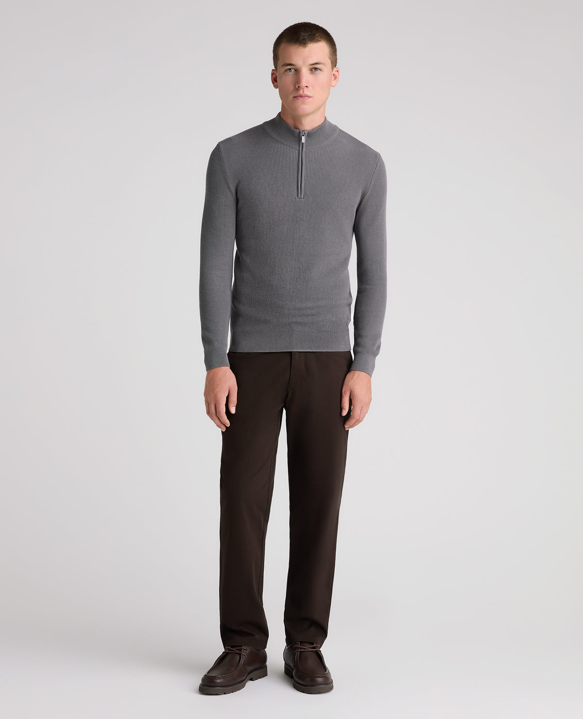 Grey Ribbed Cotton Half Zip Jumper