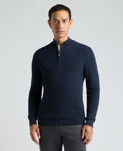 Dark Blue Ribbed Cotton Half Zip Jumper