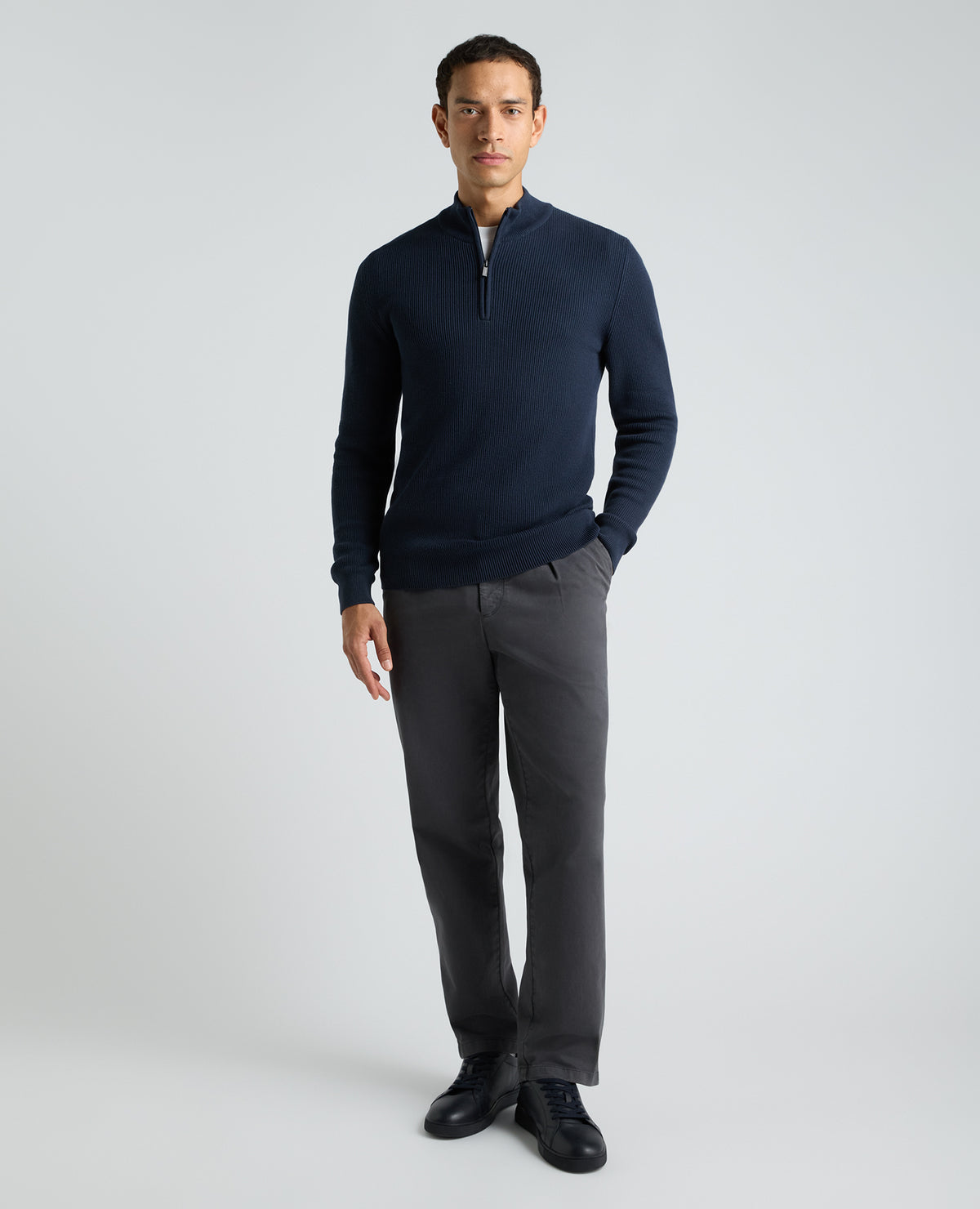 Dark Blue Ribbed Cotton Half Zip Jumper