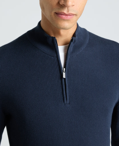 Dark Blue Ribbed Cotton Half Zip Jumper