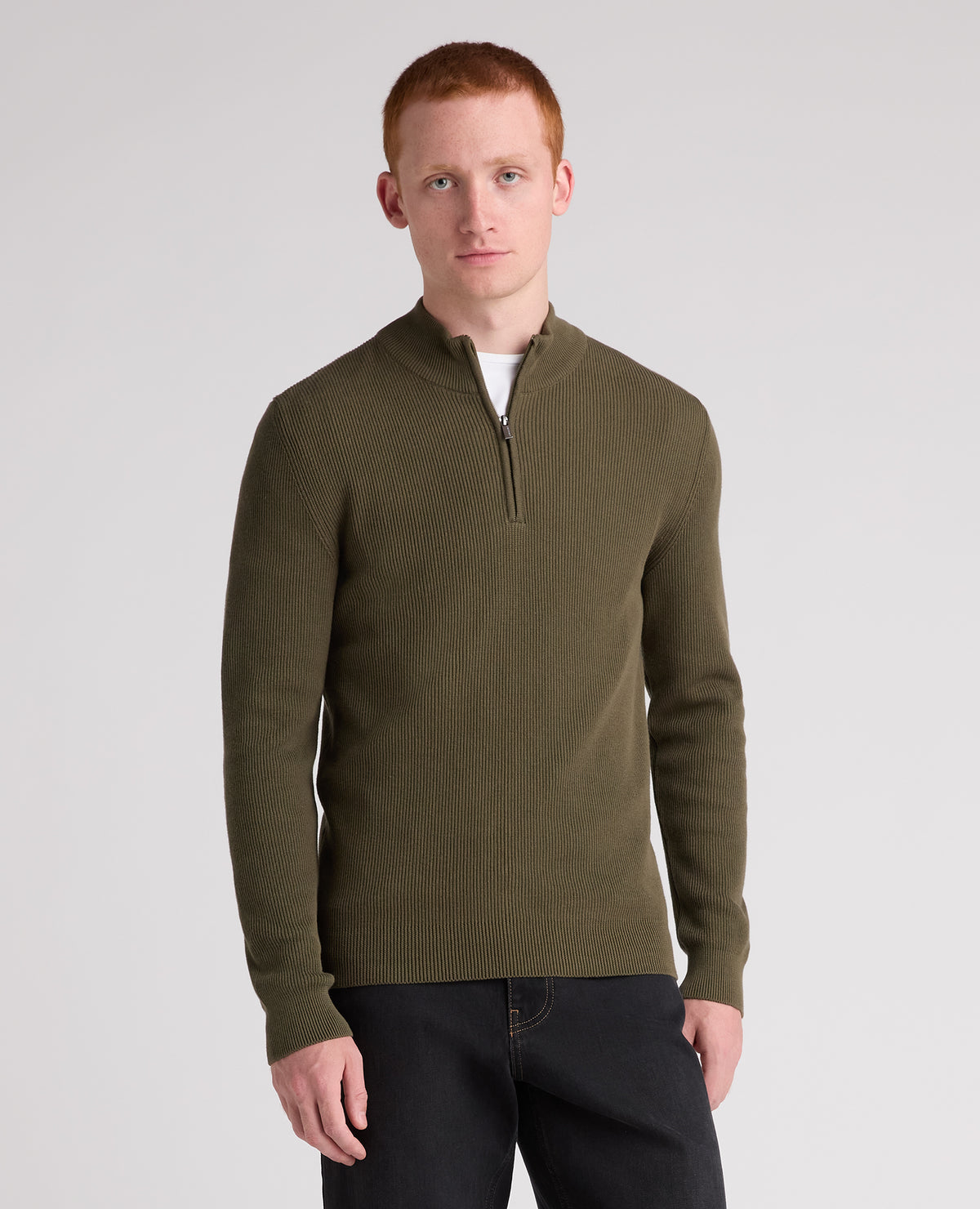 Green Ribbed Cotton Half Zip Jumper