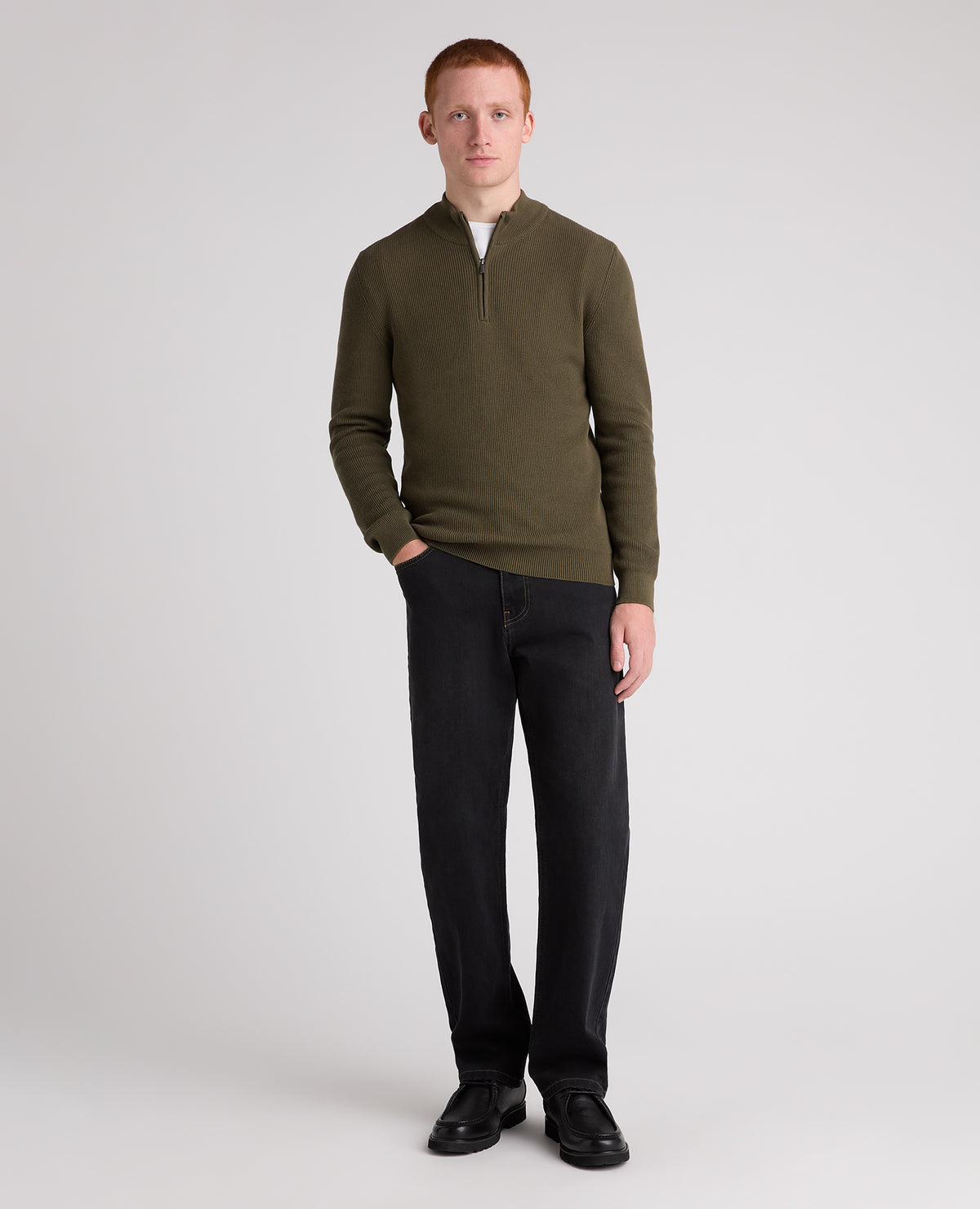 Green Ribbed Cotton Half Zip Jumper