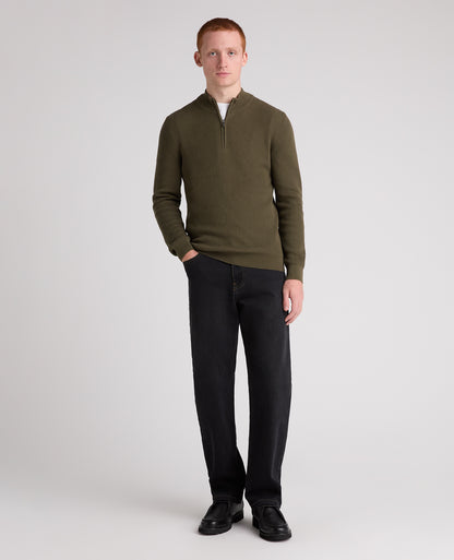Green Ribbed Cotton Half Zip Jumper