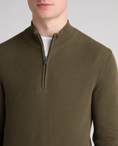 Green Ribbed Cotton Half Zip Jumper
