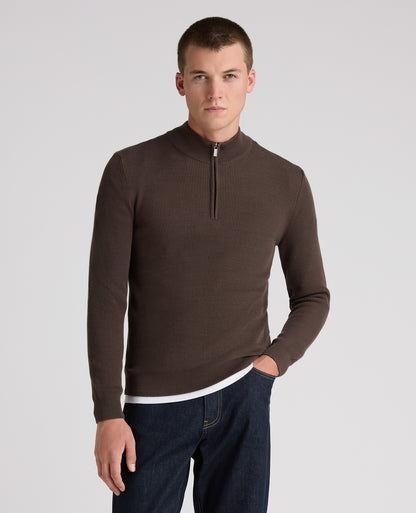 Brown Ribbed Cotton Half Zip Jumper