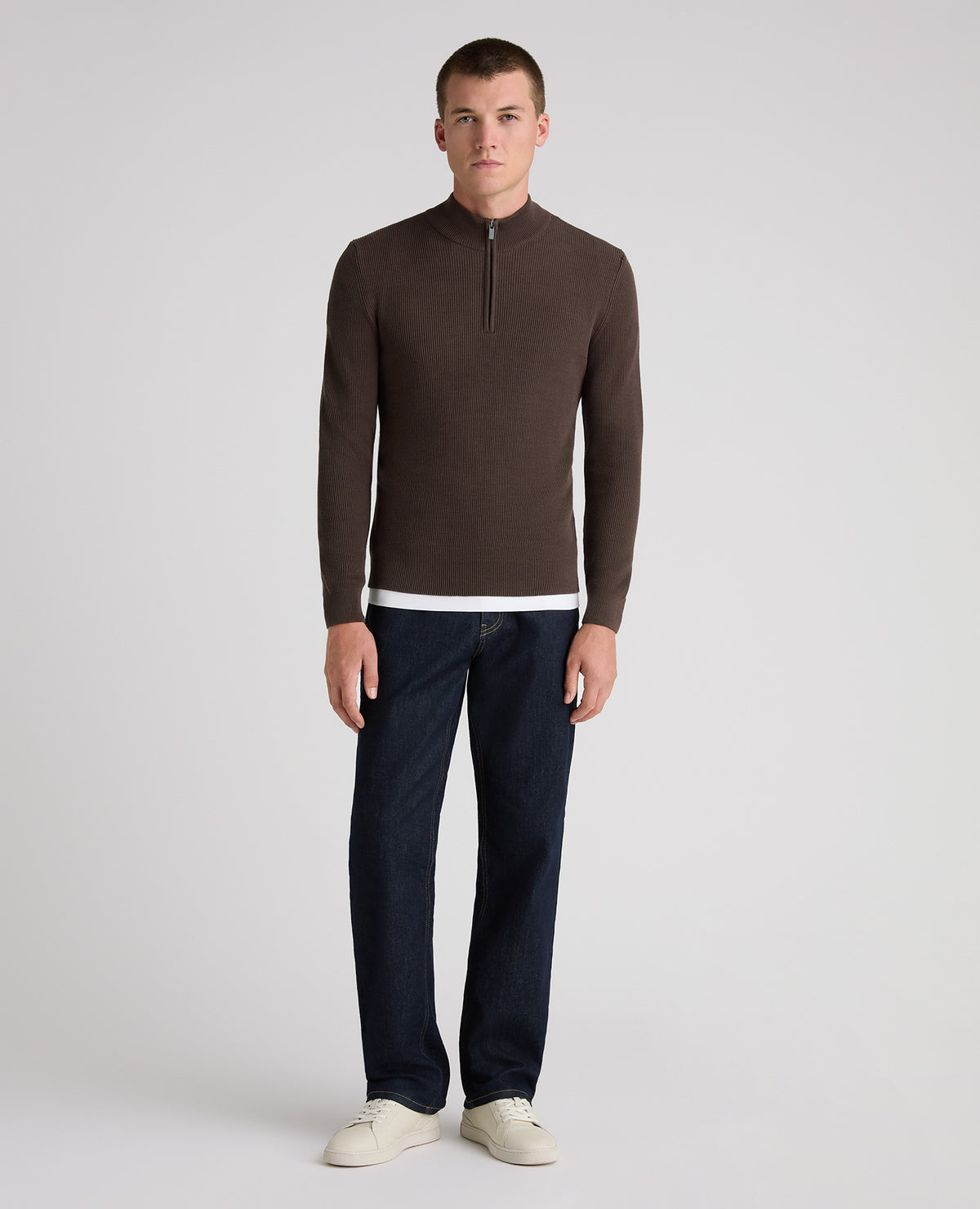 Brown Ribbed Cotton Half Zip Jumper