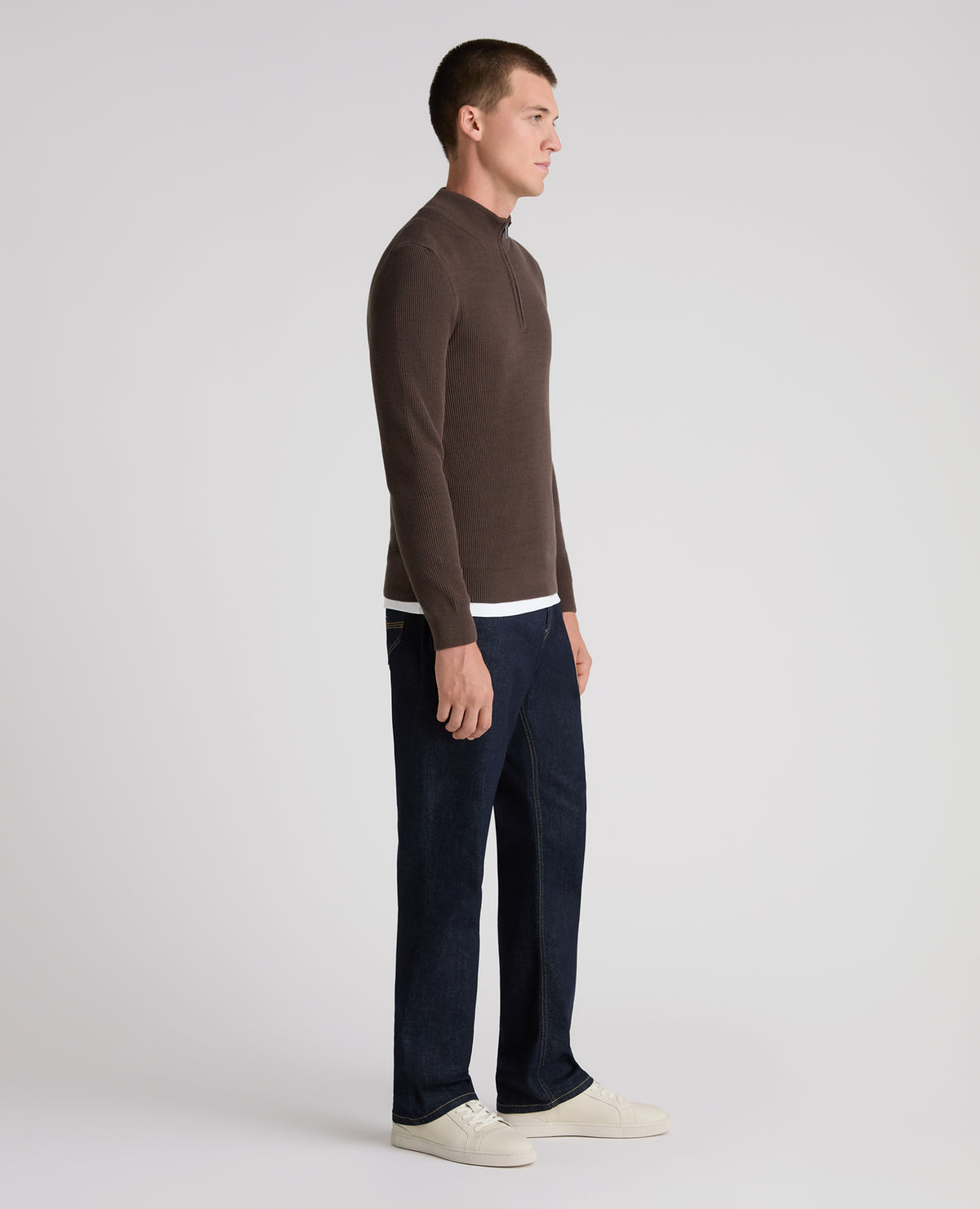 Brown Ribbed Cotton Half Zip Jumper