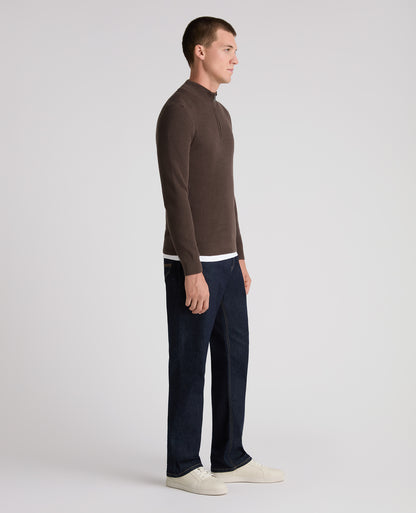 Brown Ribbed Cotton Half Zip Jumper
