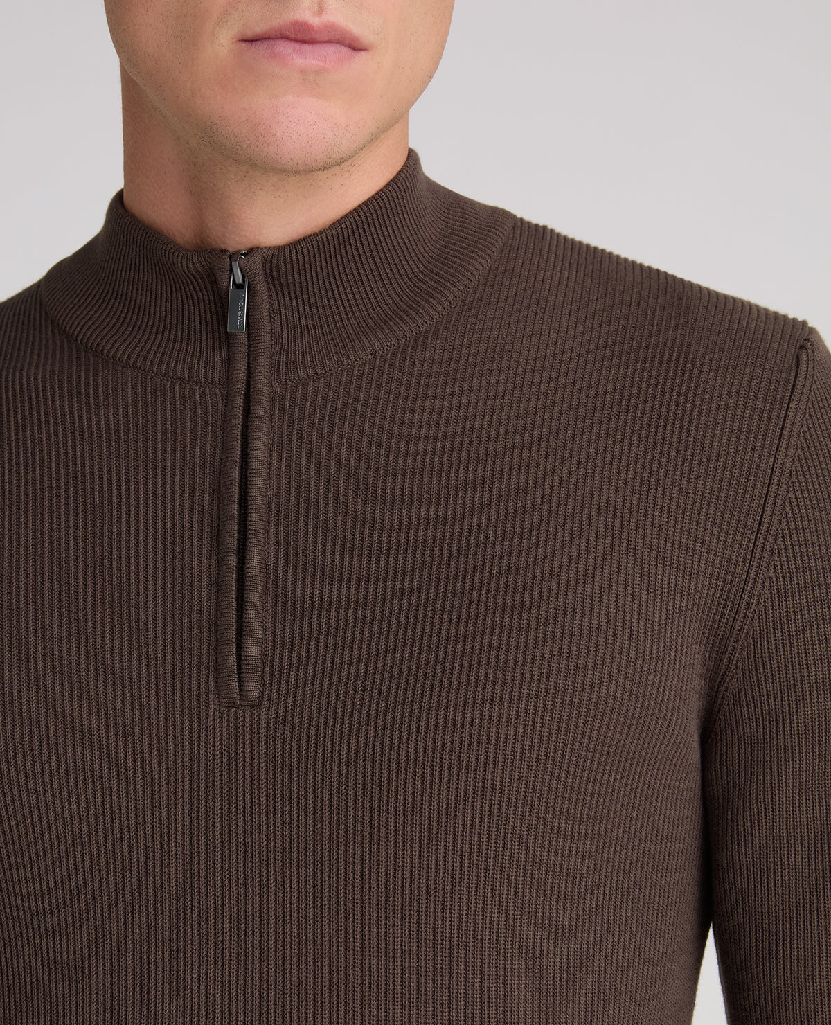 Brown Ribbed Cotton Half Zip Jumper