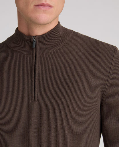 Brown Ribbed Cotton Half Zip Jumper