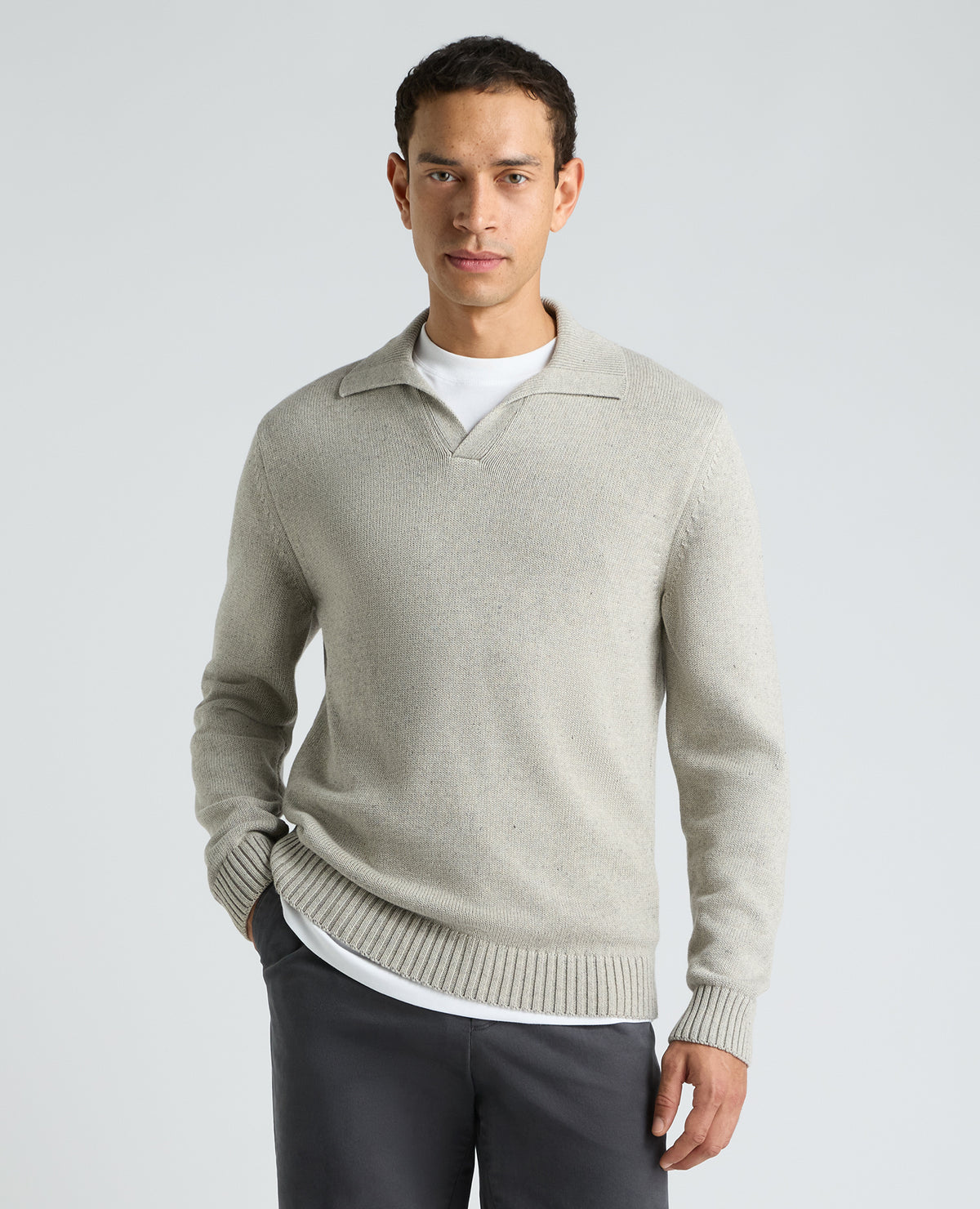 Light Grey Collared V Neck Cotton Jumper