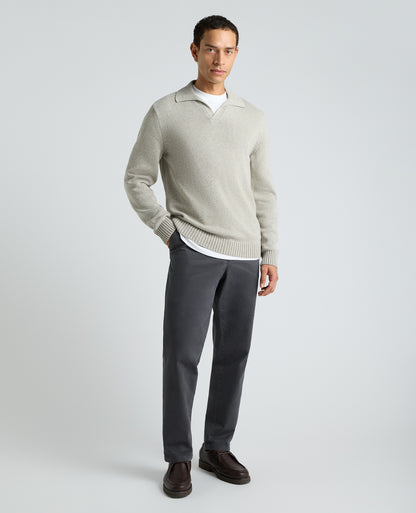 Light Grey Collared V Neck Cotton Jumper