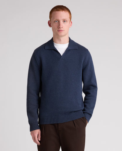 Navy Collared V Neck Cotton Jumper
