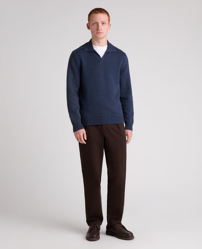 Navy Collared V Neck Cotton Jumper