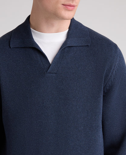Navy Collared V Neck Cotton Jumper