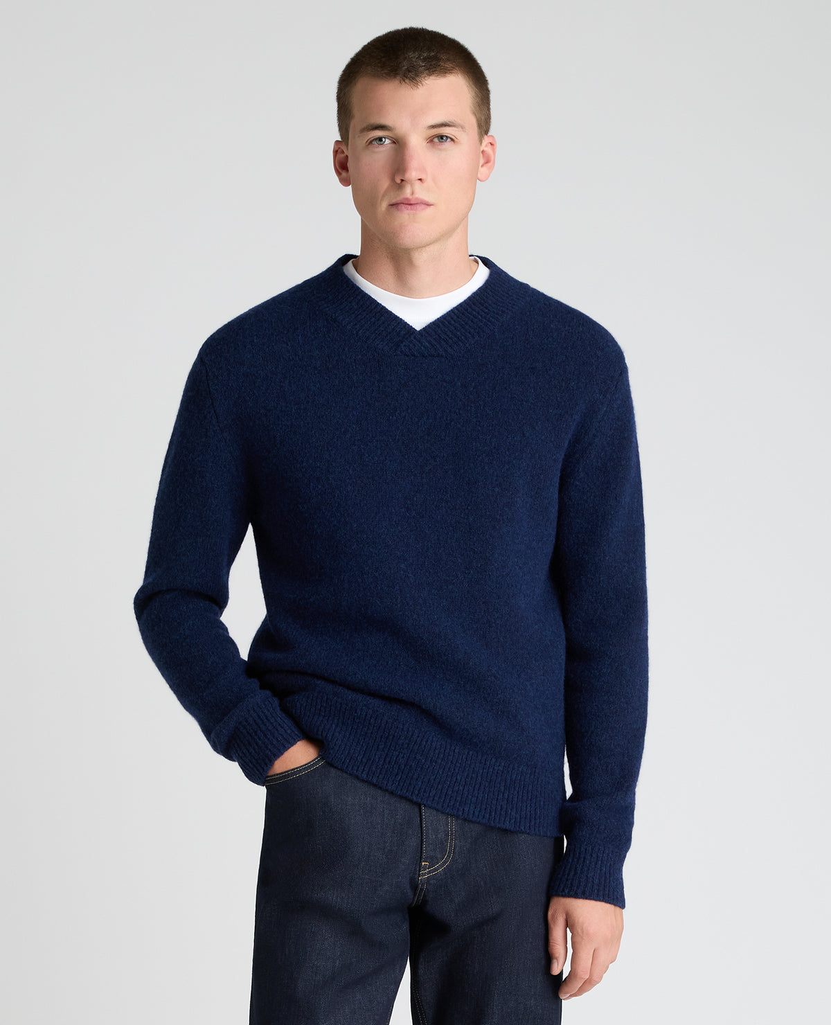 Dark Blue Crossed V Neck Wool Blend Jumper