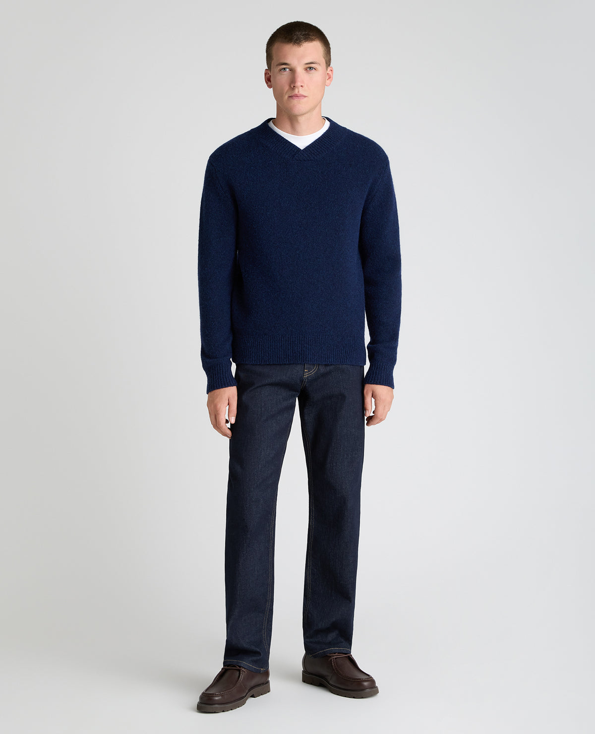 Dark Blue Crossed V Neck Wool Blend Jumper