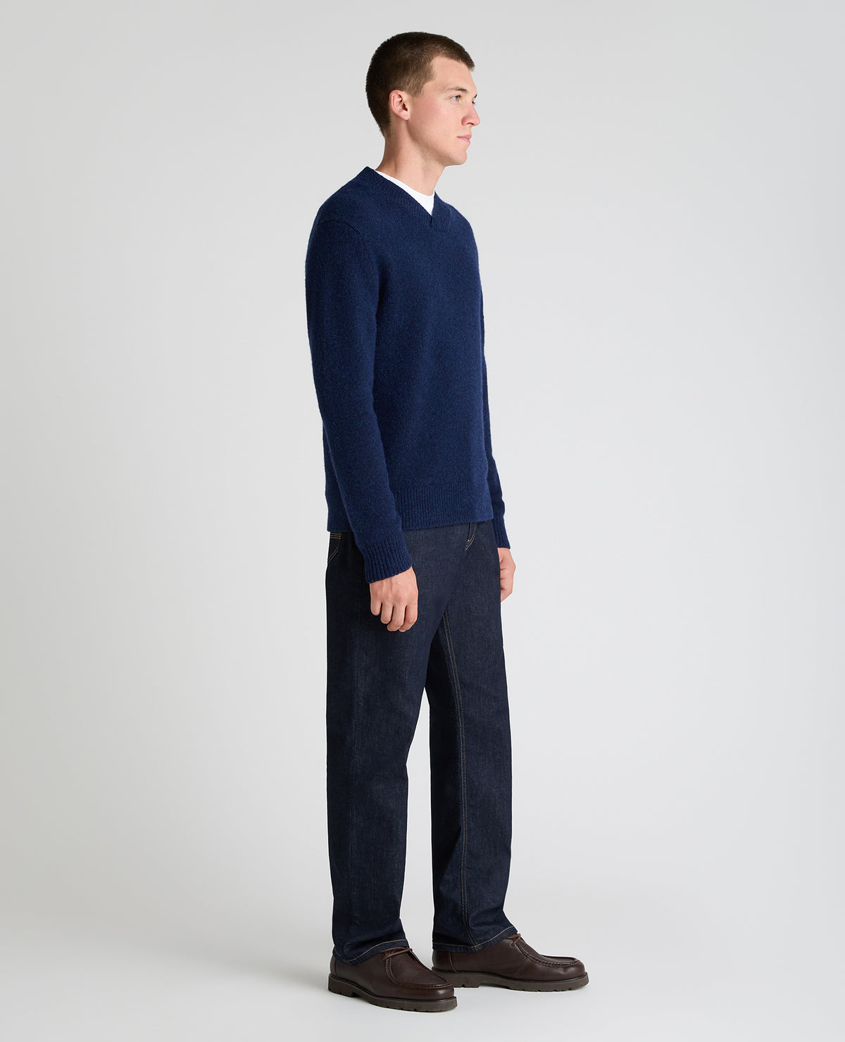 Dark Blue Crossed V Neck Wool Blend Jumper