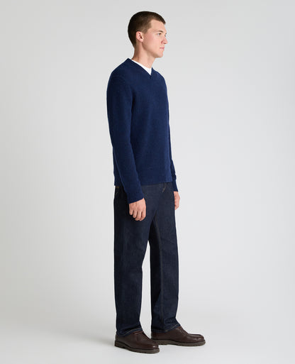 Dark Blue Crossed V Neck Wool Blend Jumper