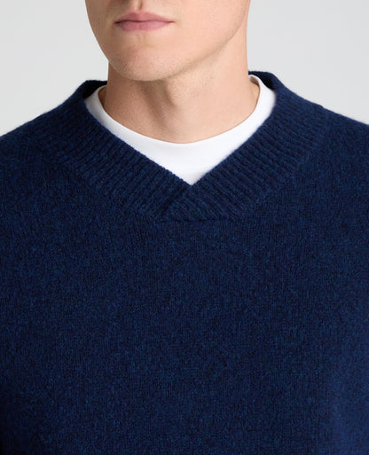 Dark Blue Crossed V Neck Wool Blend Jumper