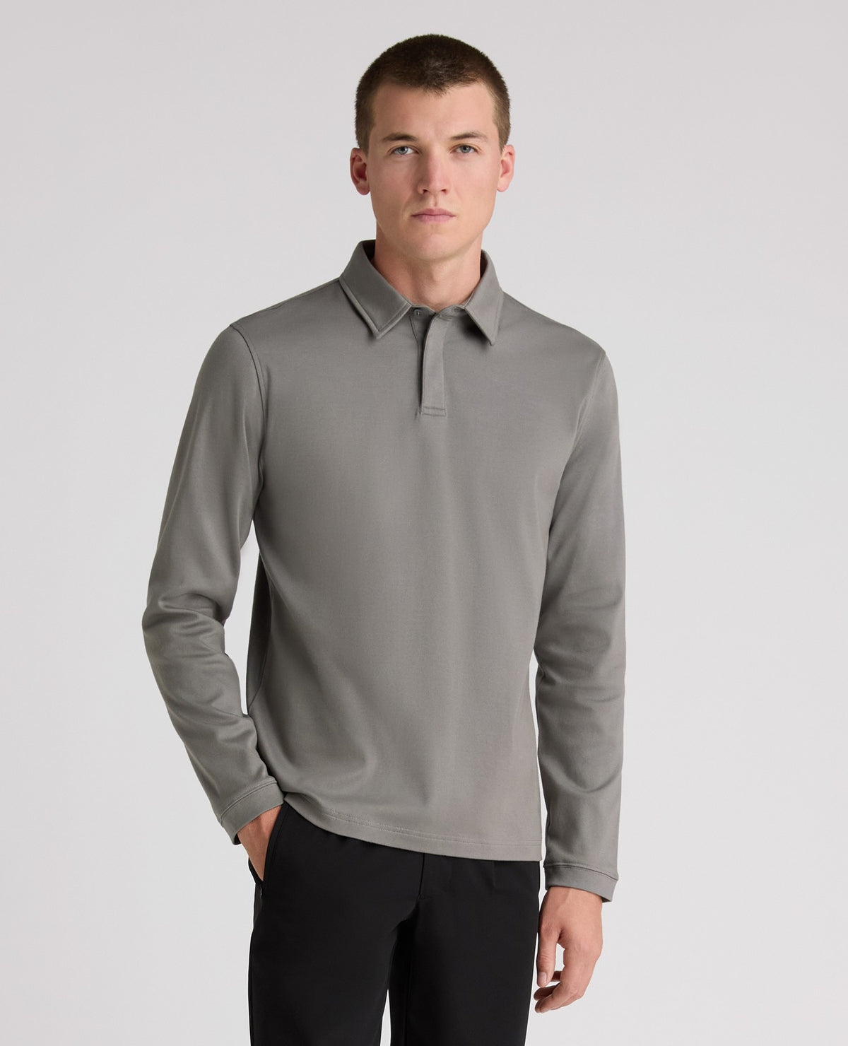 Dark Grey Long Sleeve Cotton Polo Shirt
