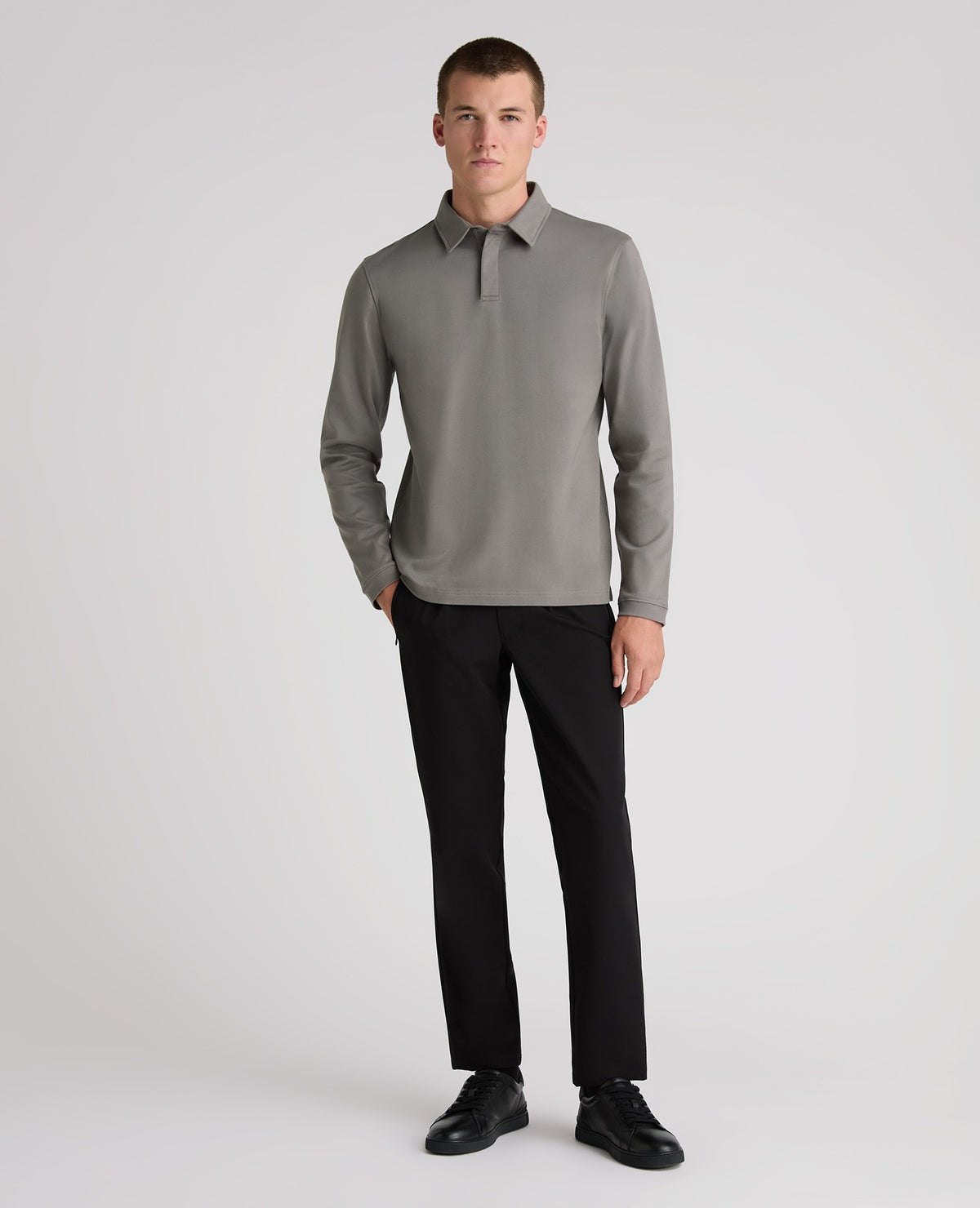 Dark Grey Long Sleeve Cotton Polo Shirt
