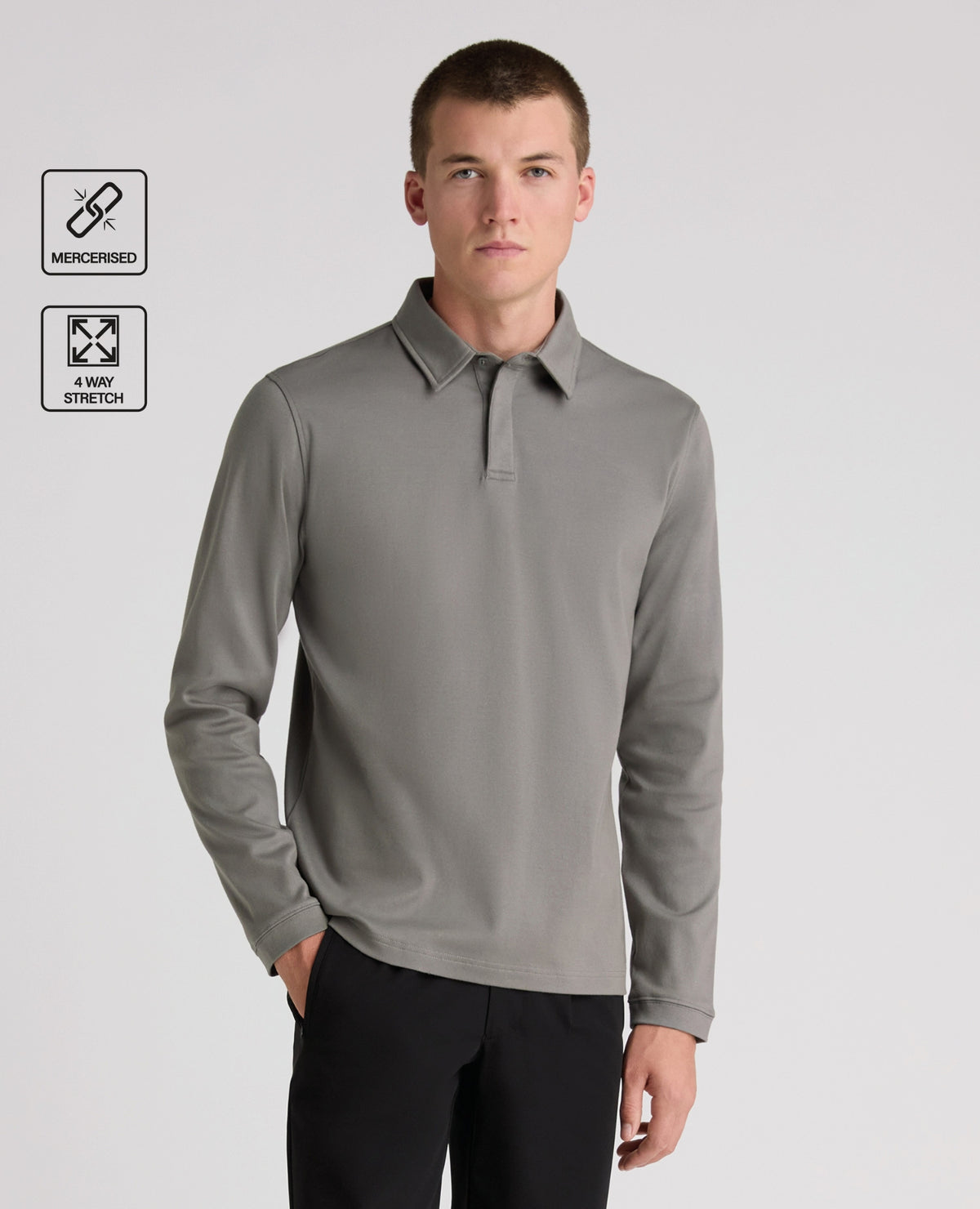 Dark Grey Long Sleeve Cotton Polo Shirt
