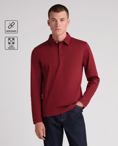 Dark Red Long Sleeve Cotton Polo Shirt