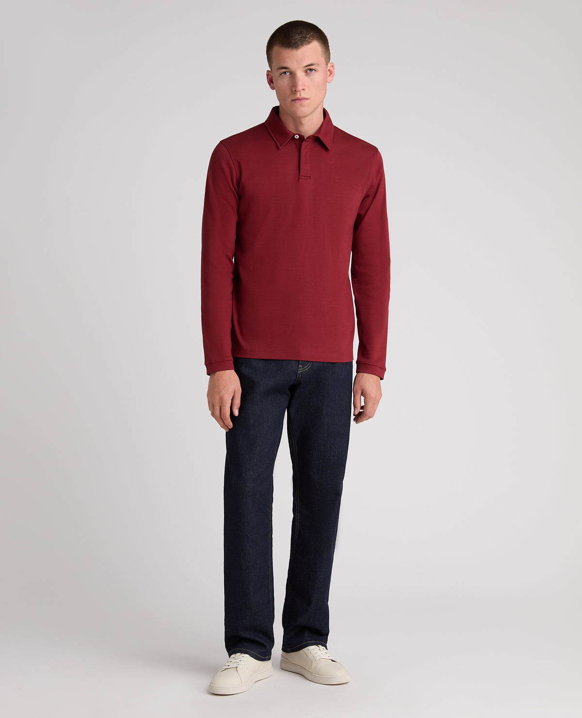 Dark Red Long Sleeve Cotton Polo Shirt