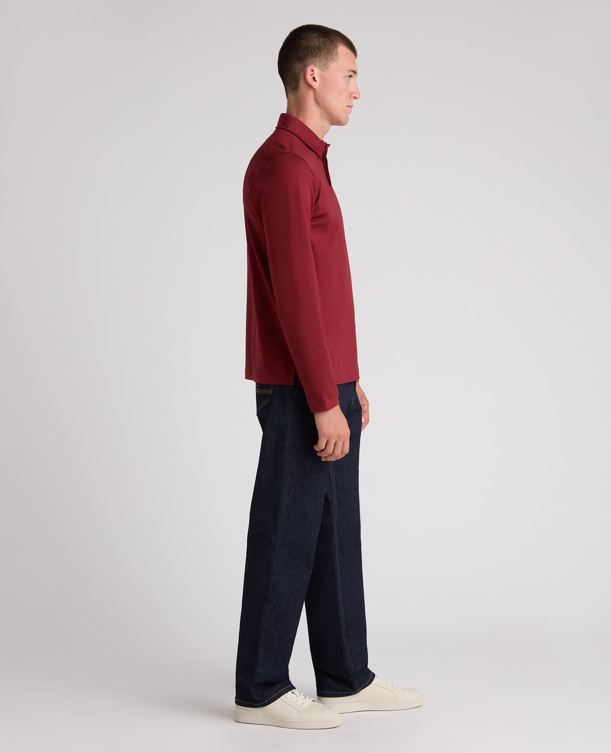Dark Red Long Sleeve Cotton Polo Shirt