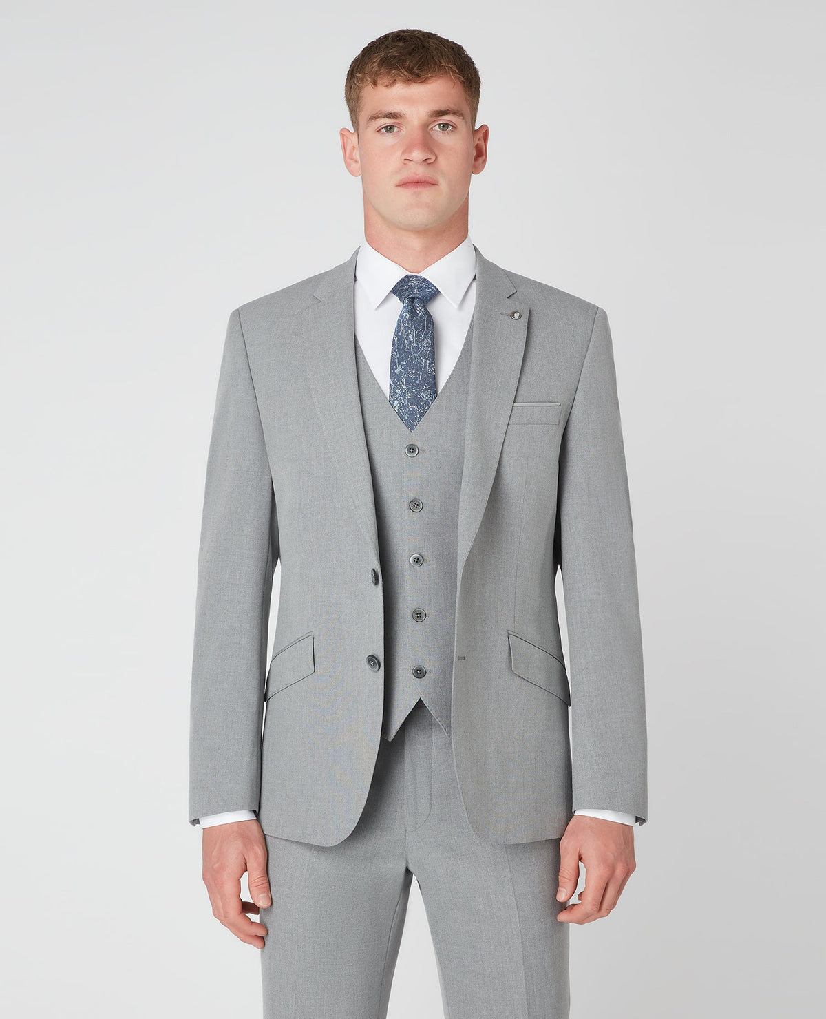 Man wearing a grey Tapered Fit Stretch Mix and Match Suit